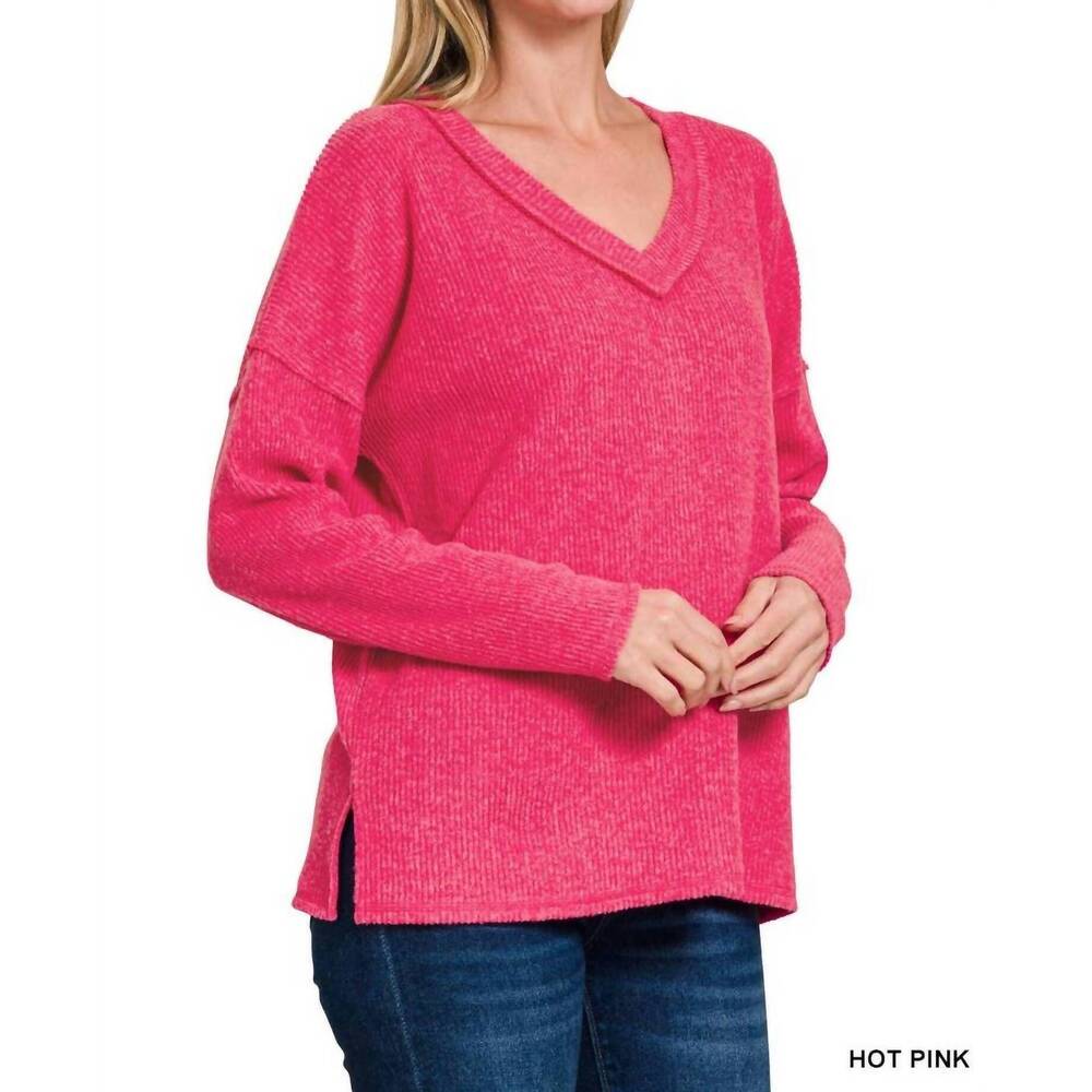 NEW 42POPS ribbed v neck drop shoulder sweater in hot pink